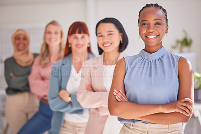 Buy stock photo Portrait, diversity or women with smile, leadership or happy together in office. Business ladies, black woman or multiracial happiness, growth or success for company, commitment or pride in workplace