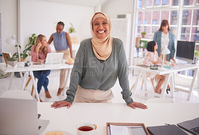 Buy stock photo Islamic woman, company office and happy management leader for creative marketing company. Muslim designer, motivation portrait and startup manager or diversity, advertising people and goal success
