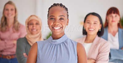 Buy stock photo Business people, diversity and smile for corporate leadership, management or teamwork at the office. Portrait of diverse happy and proud employee executives smiling with vision or ambition for career