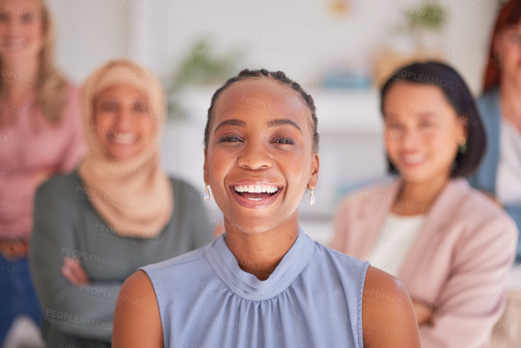 Buy stock photo Leadership, partnership and diversity in office by business women team working in collaboration for startup goal. Portrait, leader and teamwork by group with vision for success, mission and support