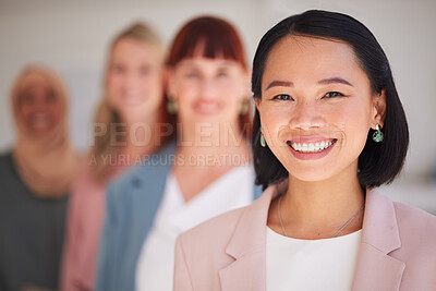 Buy stock photo Team, collaboration and portrait of a woman from Asia standing with colleagues in office. Diversity, collaboration and happy professional Asian business manager with smile working in modern workplace