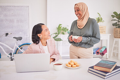 Buy stock photo Friends, talking and business women in office having conversation, chatting and speaking. Communication, diversity and Asian woman talk to Muslim woman on break in eco friendly and creative startup