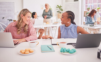 Buy stock photo Happy women, business people and friends talking, office conversation and chat at desk for planning, ideas and meeting in creative agency. Smile, communication and collaboration of female employees