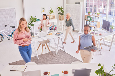 Buy stock photo Diversity. office, busy and women walking, moving fast and planning advertising campaign or global marketing research.  Startup company, small business people and team coworking in London workplace