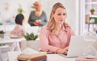Buy stock photo Corporate, laptop and business woman planning project with technology in modern office. Professional, research and professional manager working on management report, document or strategy in workplace