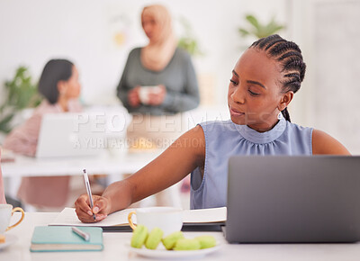 Buy stock photo Writing, notebook and woman planning event marketing, social media advertising and diversity campaign schedule. Planner, startup small business and employee black girl working in coworking office