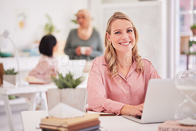 Buy stock photo Portrait, laptop and business woman with a vision for design, creative and online project idea in office, happy and ambition. Web design, lady and vision by empowered designer enjoy corporate career