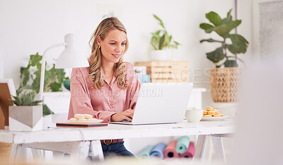 Buy stock photo Laptop, business woman and front desk worker writing email, check schedule and appointment at desk. Happy, professional and receptionist smile, relax and enjoy working at legal firm, content and calm
