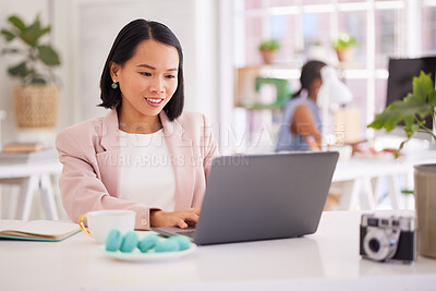 Buy stock photo Business woman, laptop and smile for web design, communication or online marketing at the office. Happy female employee working on computer for corporate design, reading or typing email at workplace