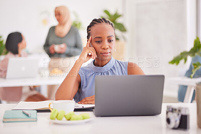 Buy stock photo Laptop, thinking and black woman in business, planning and working online, strategy ideas or internet search, website technology and office desk. Young employee, reading email or computer pc analysis