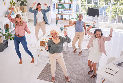 Buy stock photo Business people, celebration and dancing in corporate success for teamwork collaboration at the office. Group of creative employee workers dance and celebrating together for successful business goals