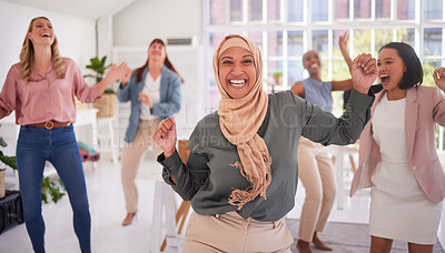 Buy stock photo Business women, dance and success, diversity and teamwork, happy celebration and achievement, goals and winner dream. Collaboration, energy and excited employees dancing with muslim manager in hijab 