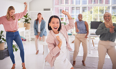 Buy stock photo Celebration dance, diversity women and team celebrate startup small business growth, success or achievement. Group team building leader, crazy energy and excited people dancing in marketing agency