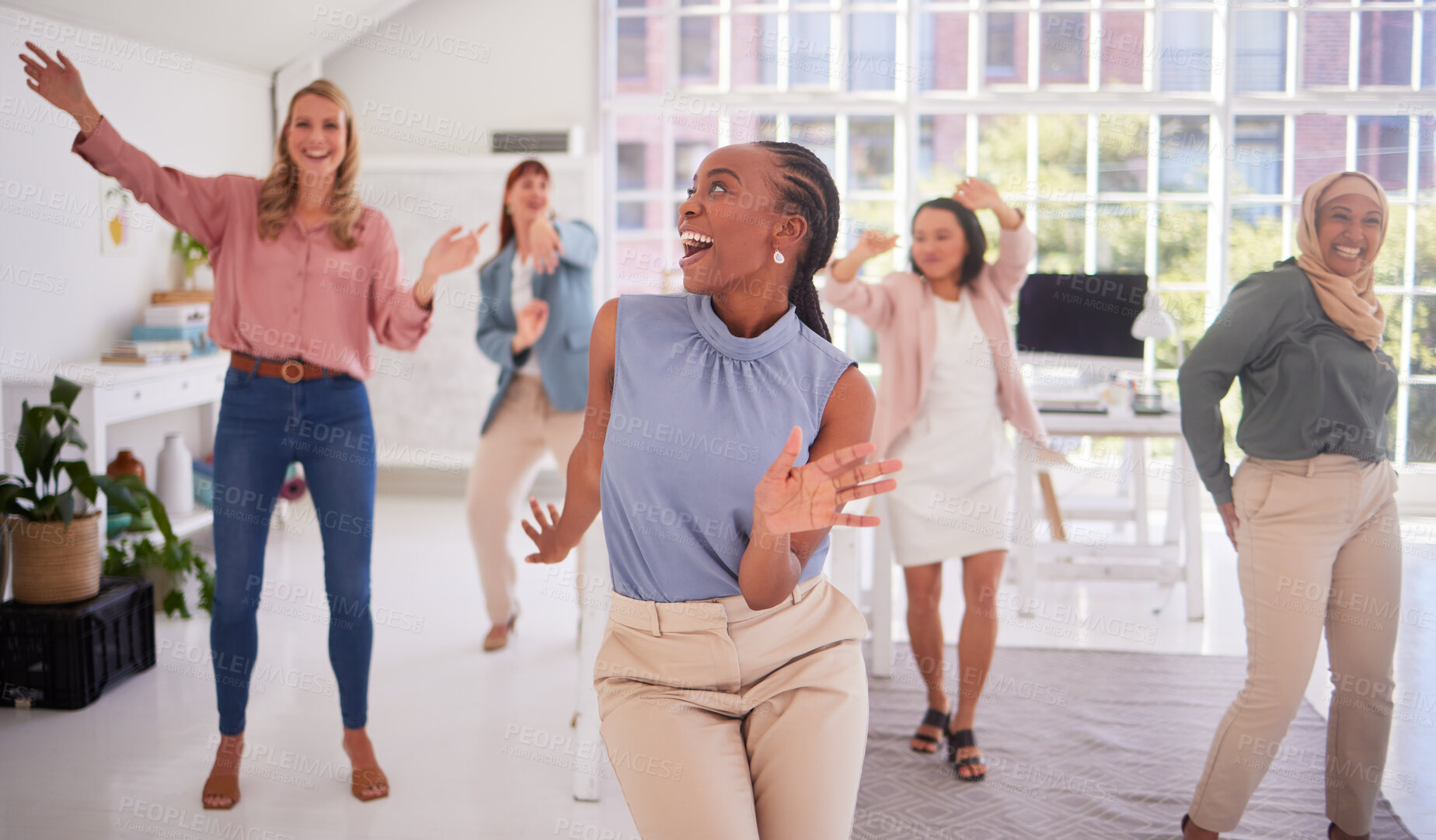 Buy stock photo Business, women and group dance for fun celebration in a creative office for campaign success with diverse staff. Joy, excitement and dancing with a multicultural team of ladies celebrating 