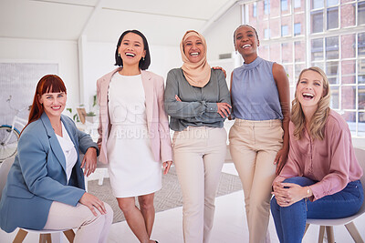 Buy stock photo Diversity, women and portrait of a team in the office in meeting, team building or project planning. Happiness, collaboration and work friends standing together in their coworking space in workplace.
