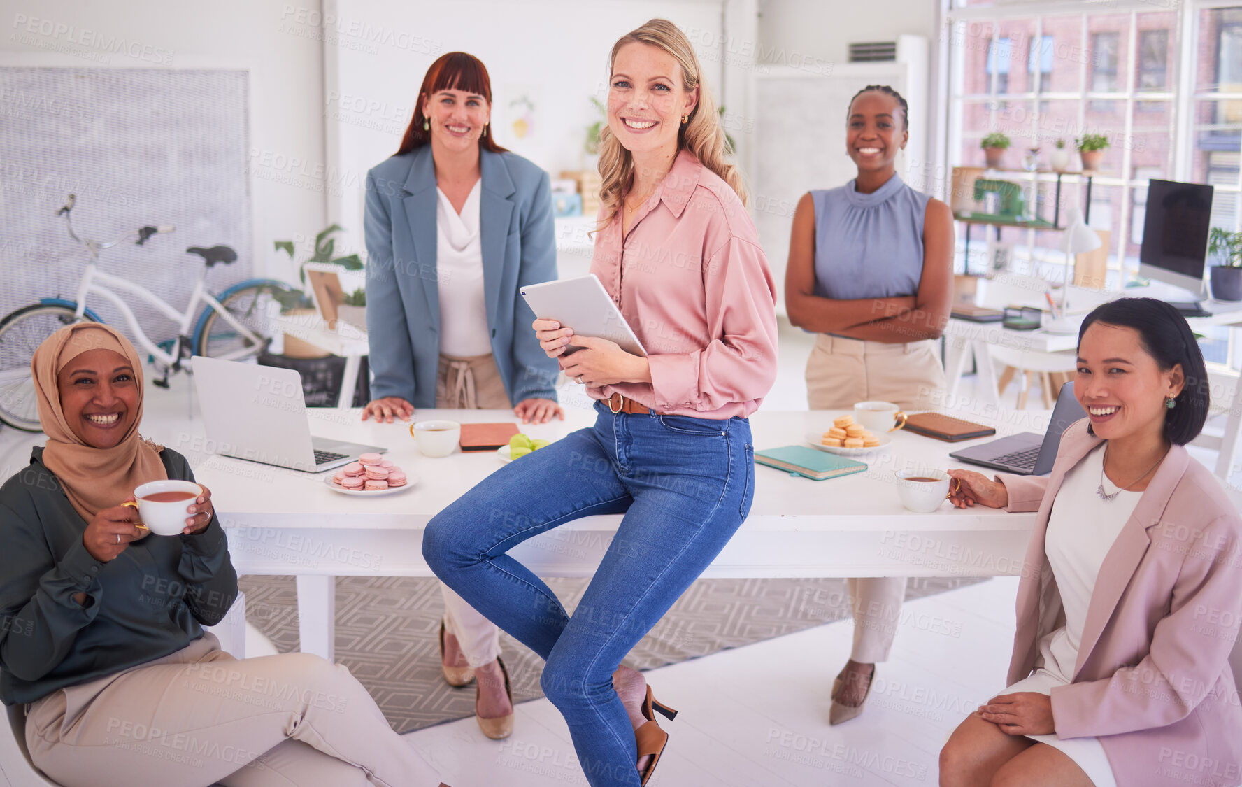 Buy stock photo Teamwork, collaboration and creative women working on a project together in corporate modern office. Diversity, smile and portrait of happy business people planning company b2b strategy in workplace.