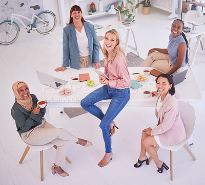 Buy stock photo Women, office diversity and creative startup collaboration for employee teamwork in digital advertising, design and marketing company. Business meeting planning, woman designers and web design team 
