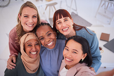 Buy stock photo Creative business people, diversity and smile for selfie, meeting or team building at the workplace. Portrait of happy group of employee workers smiling together in teamwork for photo at the office