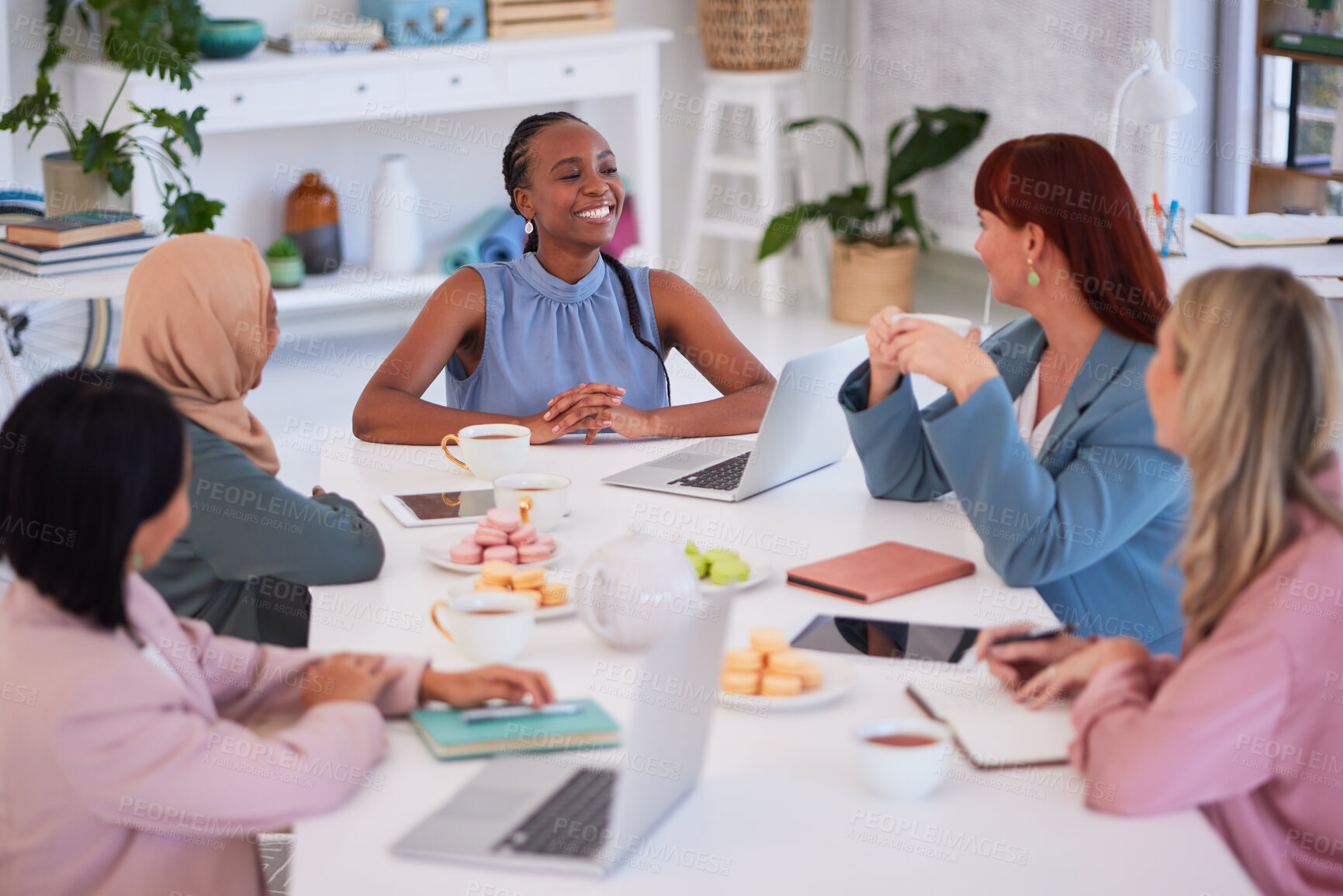 Buy stock photo Business people, meeting and collaboration in social strategy, discussion or conversation at the office. Group of happy employee workers in diversity enjoying teamwork planning and team building time