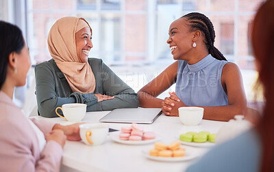 Buy stock photo Food, women and business friends eating while bonding over tea and dessert in a coffeeshop. Coffee, tea and cafe with diverse female corporate group enjoying snacks or meal together while planning