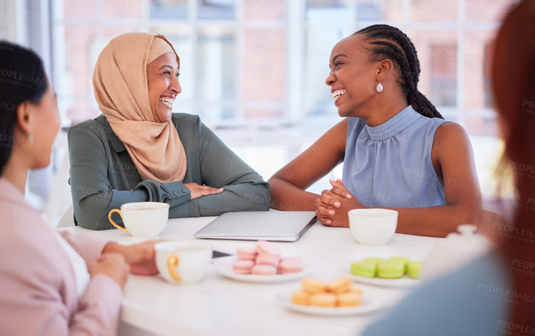 Buy stock photo Food, women and business friends eating while bonding over tea and dessert in a coffeeshop. Coffee, tea and cafe with diverse female corporate group enjoying snacks or meal together while planning