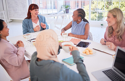 Buy stock photo Business people, diversity and meeting in social discussion laughing in fun team development at the office. Group of happy creative employee workers in teamwork enjoying conversation or collaboration