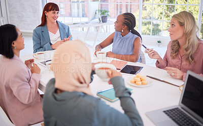 Buy stock photo Planning, business meeting and diversity women for startup marketing, advertising agency and company empowerment planning. Inclusion, equality and strategy corporate people communication in workspace
