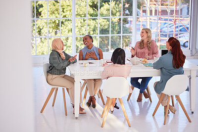 Buy stock photo Collaboration, food and team building with a business woman group sitting around a table for eating. Meeting, partnership and lunch with a female employee group in the office for planning or strategy