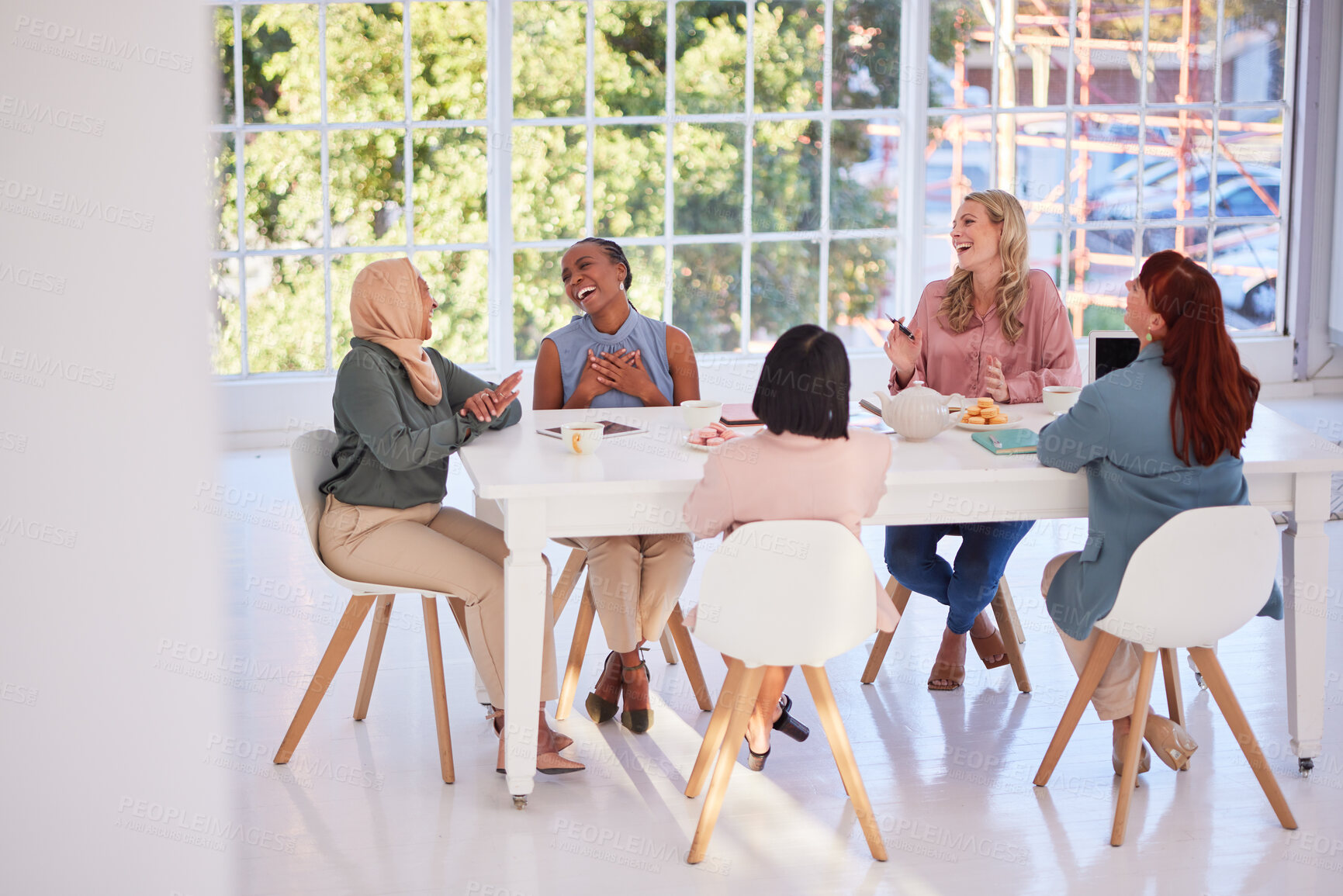 Buy stock photo Collaboration, food and team building with a business woman group sitting around a table for eating. Meeting, partnership and lunch with a female employee group in the office for planning or strategy