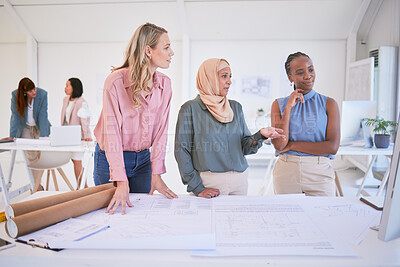 Buy stock photo Architect, building blueprint or diversity women with planning, collaboration or consulting floor design in office. Architecture, business people or teamwork for real estate property development plan