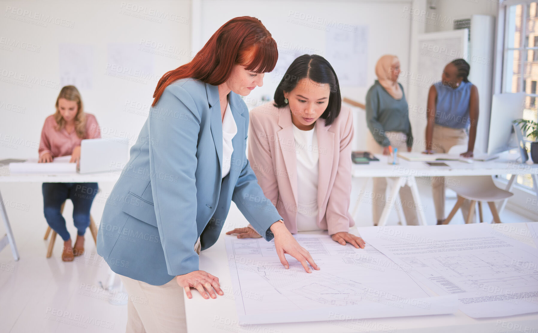 Buy stock photo Planning, blueprint and review with women in architecture meeting for engineering, designer and construction industry. Project management, idea and collaboration with business people for building   