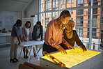 Architecture, blueprint and planning business women on light table or box for creative vision, brainstorming and strategy building design. Engineering team, floor plan collaboration and studio office