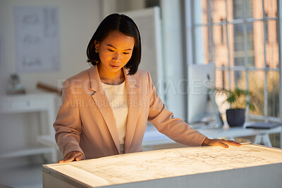 Buy stock photo Architect, blueprint and planning on paper, strategy and floor plan, construction and building design in architecture company. Expert, engineering female or industrial engineer thinking and idea