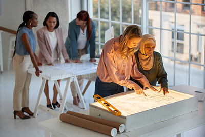 Buy stock photo Interior design, architecture teamwork and business women meeting, floor plan and creative ideas, engineering or strategy. Female designer collaboration, blueprint and project management at light box