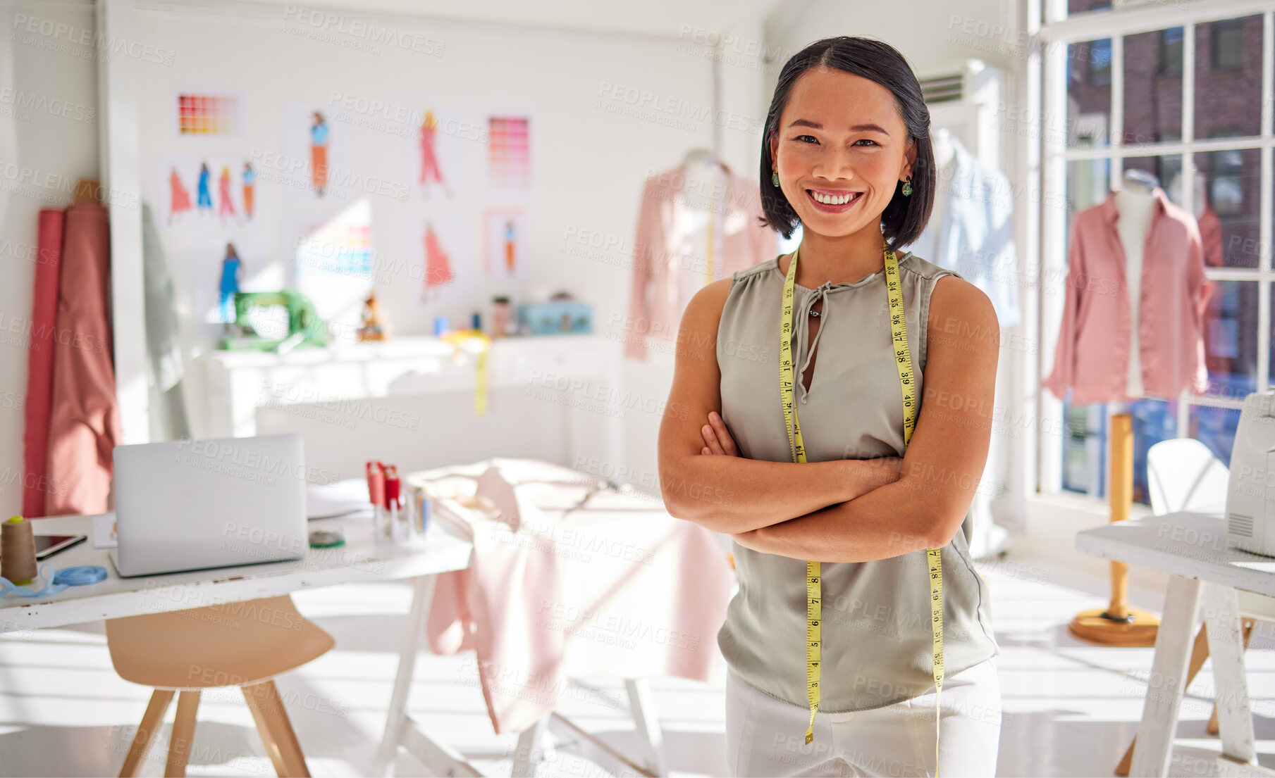 Buy stock photo Fashion, designer and portrait of a proud business woman with a vision for innovation, creativity and trendy clothing. Asian, small business and owner confident and excited about goal in Japan