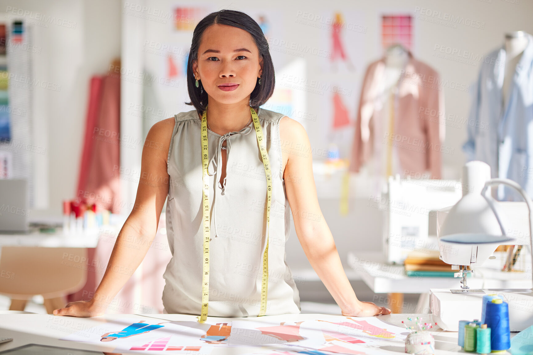 Buy stock photo Woman, fashion and design in small business startup for clothing, styling or tailor at workshop. Portrait of asian female business owner or designer with a vision for creative strategy at the office