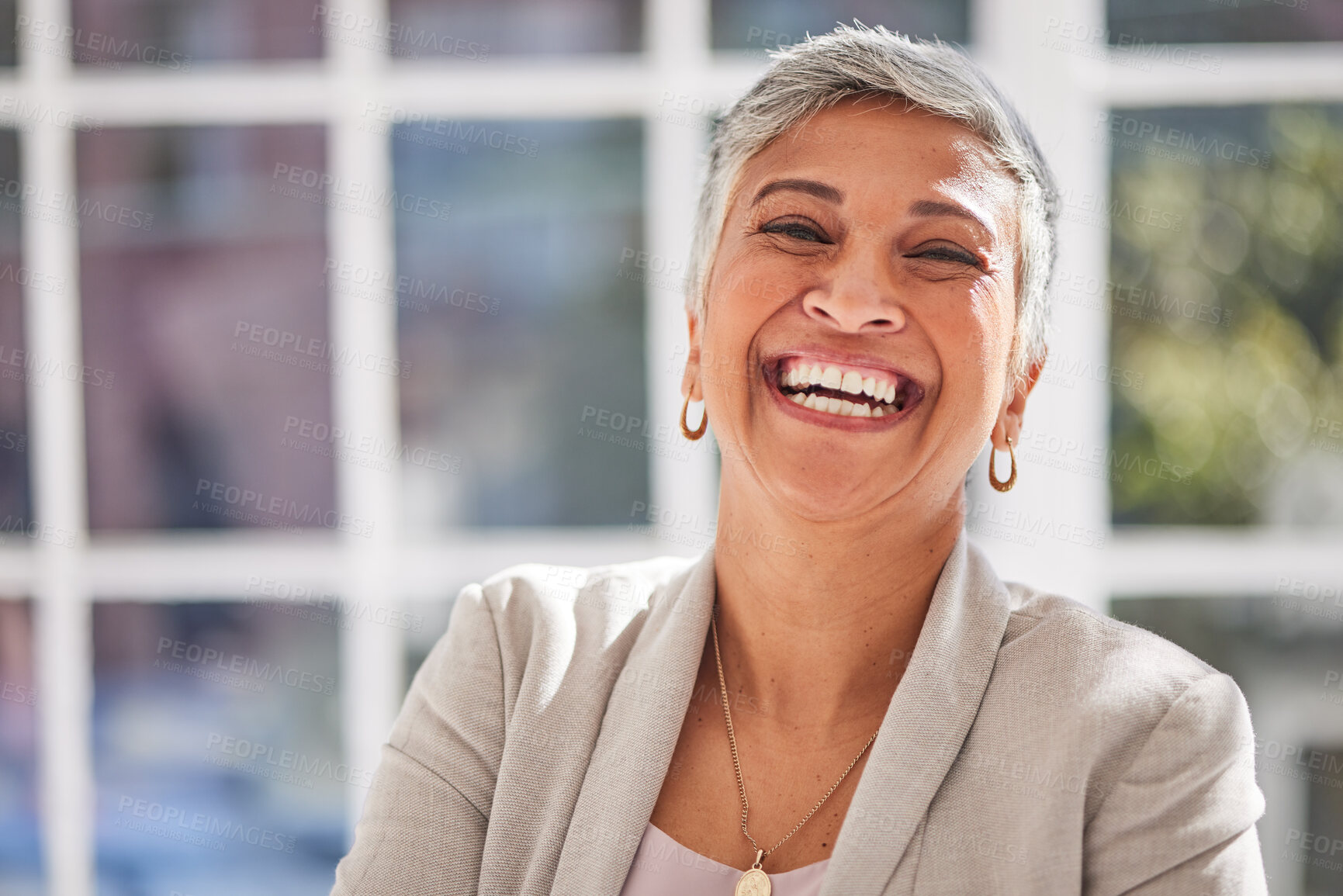 Buy stock photo Happy, portrait and senior business woman in her modern corporate office in the urban city. Happiness, smile and professional elderly female manager standing in her company workplace in the town.