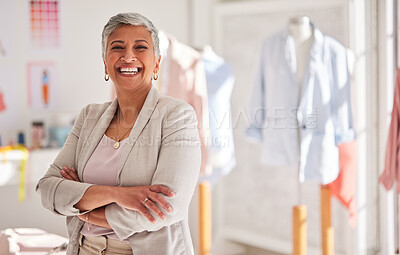 Buy stock photo Happy woman, fashion design manager and portrait, arms crossed and creative startup. Mature seamstress, entrepreneur and small business owner, workshop leader and manufacturing in production studio 