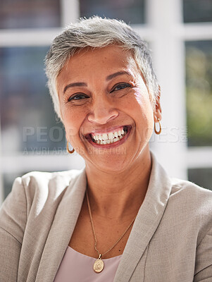 Buy stock photo Senior, smile and portrait of business woman for management, leadership and mentor in urban office. Vision, happy and coaching with face of ceo for future, growth and manager in corporate company