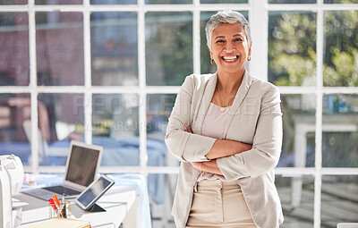 Buy stock photo Mature business woman, portrait and arms crossed, leadership and confidence in modern office. Happy woman, management and entrepreneur with motivation, vision and goals for success in startup agency
