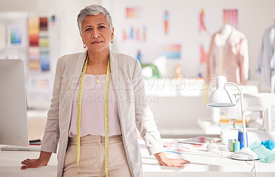 Buy stock photo Fashion, designer and creative with portrait of business woman in workshop studio for tailor, management and textile industry. Factory, boutique and retail with employee with tape for luxury and idea