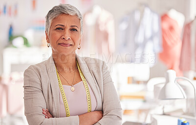 Buy stock photo Creative, fashion and designer with portrait of business woman with arms crossed fo retail, tailor or textile industry. Factory, ecommerce and management with employee in workshop for studio boutique