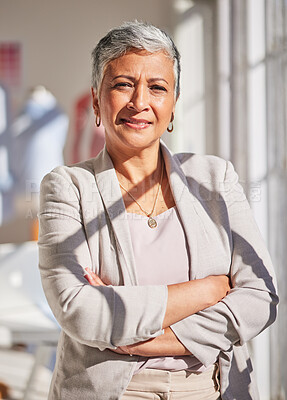 Buy stock photo Fashion design, business and portrait of senior woman with crossed arms standing in design studio. Leadership, success and mature black woman with startup in fashion, cosmetics and clothing industry