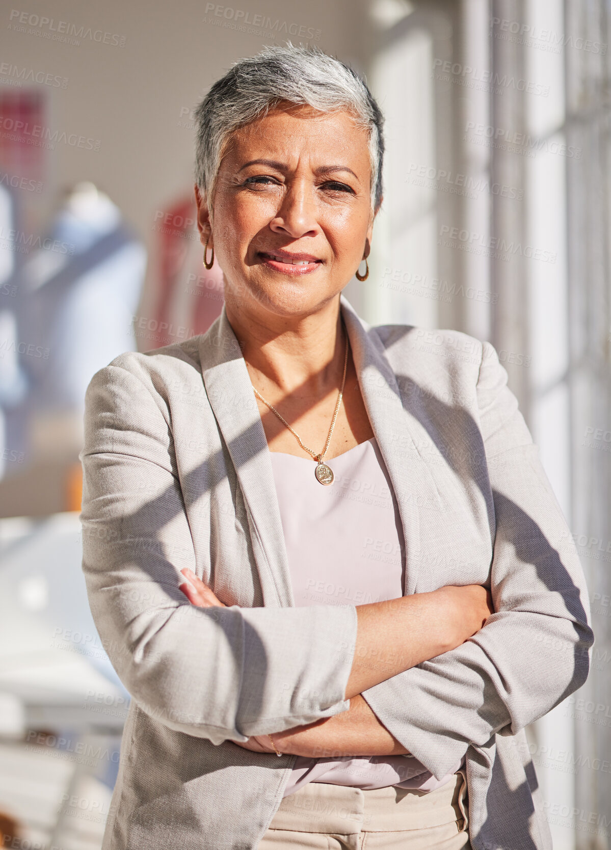 Buy stock photo Fashion design, business and portrait of senior woman with crossed arms standing in design studio. Leadership, success and mature black woman with startup in fashion, cosmetics and clothing industry