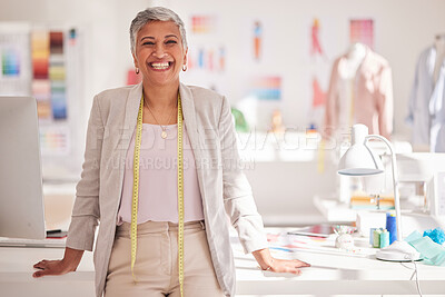 Buy stock photo Black woman, fashion and clothes designer portrait, happy about creative studio success. Smile of seamstress manufacturing teacher ready for professional tailor and small business work with clothing