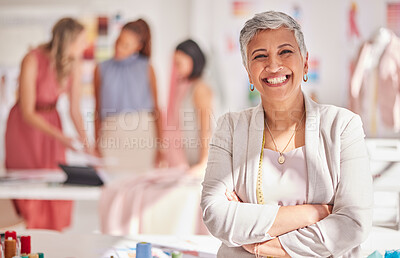 Buy stock photo Portrait, woman and fashion tailor, smile and happy with small business, growth, vision and success arms with crossed. Mature designer, pride or happiness in workshop, staff planning or retail target