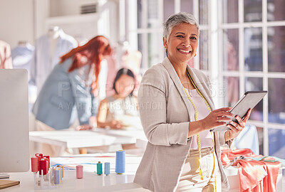 Buy stock photo Portrait of designer, fashion and senior woman with tablet for a digital collaboration, creative dress and a material design. Tailor business leadership, fabric seamstress and clothing manufacturing 