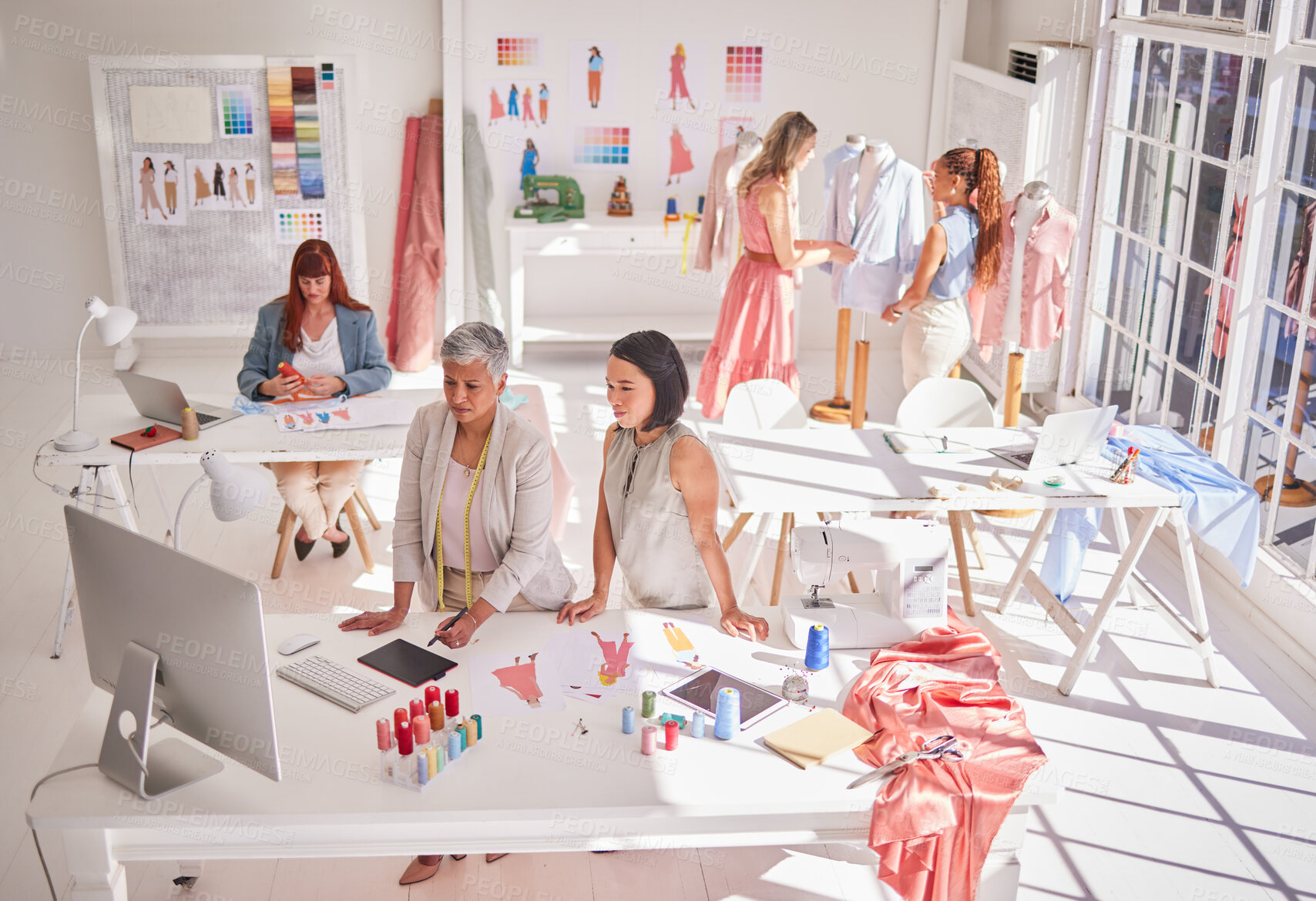 Buy stock photo Clothes production, designer and women working on fashion, fabric and textile planning work. Creative studio busy with idea, style innovation and creativity design with collaboration and teamwork