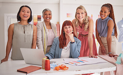 Buy stock photo Laptop, fashion and team of creative women in meeting to plan a project together in the office. Diversity, designers and portrait of female group in collaboration working on clothes in the workplace.