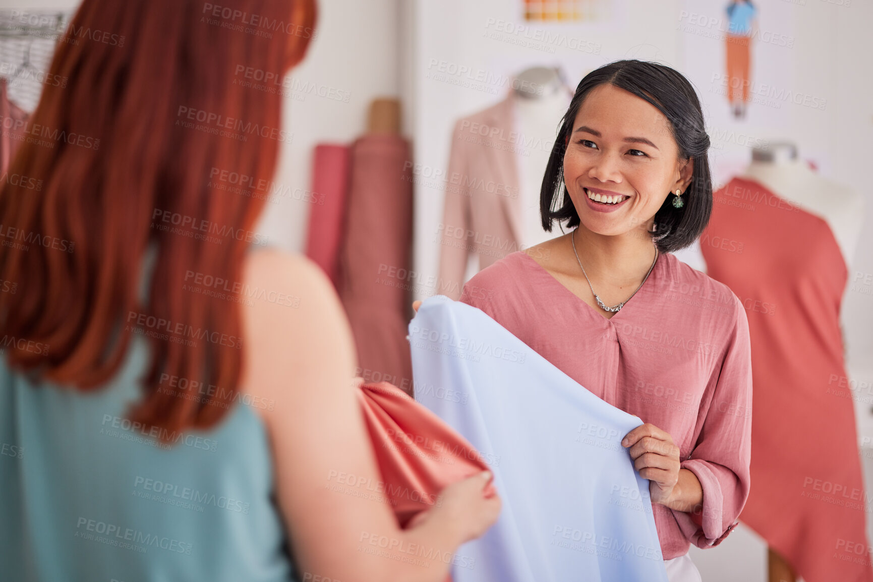 Buy stock photo Fashion, retail and customer shopping for clothing at a boutique with friendly asian woman, happy and relax. Sale, fabric and client consulting with shop owner for discount, choice and style in Tokyo